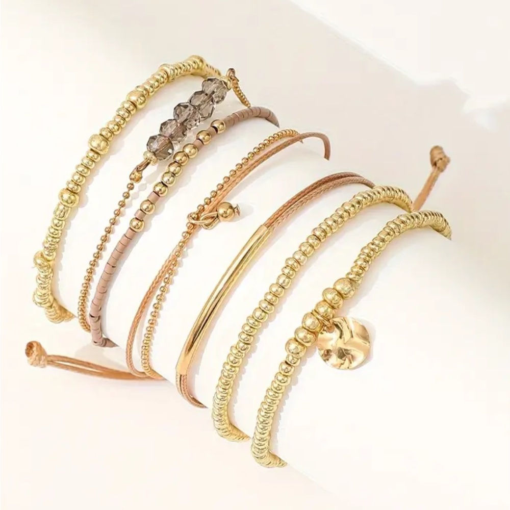 Elegant Gold Beaded Bracelet Set ~ 7 Pieces - Picture 1 of 2